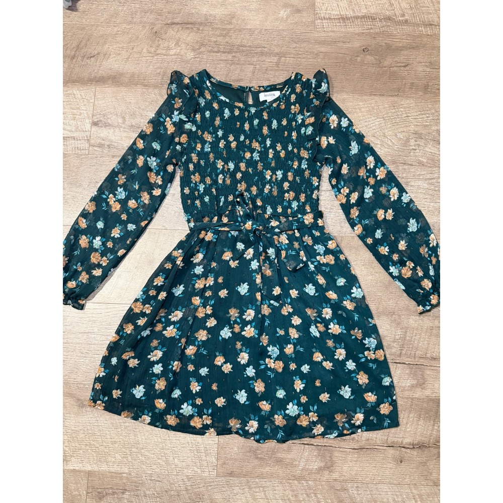 Speechless Kids Girls Floral Smocked Long Sleeve Dress Teal Green Size 12